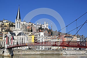 Lyon red footbridge and church