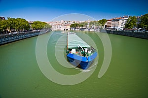 Lyon river Saone with barge