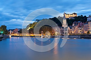 Lyon and Saone river at night photo