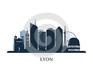 Lyon skyline, monochrome silhouette.