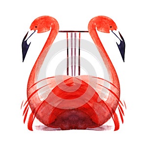 Lyra made of pink flamingos. Black beak. Strange Stylized Musical Instrument. Hand drawn decorative watercolor illustration.