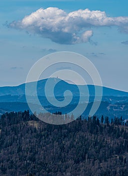 Lysa hora hill in Moravskoslezske Beskydy from Zakopcie lookout tower in Javorniky mountains in Slovakia