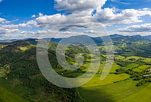 Lysa hora panorama of beautiful countryside of Czech. sunny afternoon. wonderful springtime landscape in mountains. grassy field