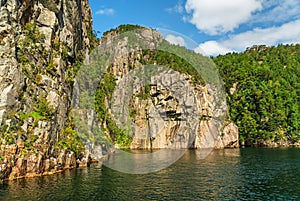 Lysefjord forested mountain rock landscape,  fjord sea view, Norway