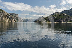 Lysefjord sea mountain fjord view with reflections, Norway