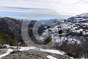 Lysefjorden - fjord in the municipality of Forsand, in southwestern Norway, views on the way to Preikestolen