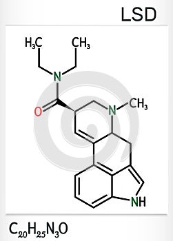 Lysergic acid diethylamide, LSD molecule. It is a hallucinogenic drug. Structural chemical formula