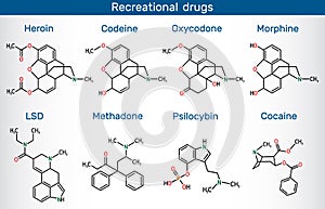 Lysergic acid diethylamide LSD, oxycodone, heroin, codeine, methadone, morphine, cocaine, psilocybin. Recreational drugs