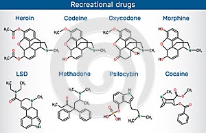 Lysergic acid diethylamide LSD, oxycodone, heroin, codeine, methadone, morphine, cocaine, psilocybin. Recreational drugs photo