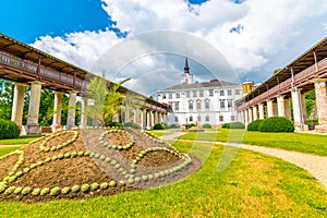 Lysice castle, Czech Republic. Famous baroque castle built in 14th century. Beautiful formal garden, palm trees and flowers.