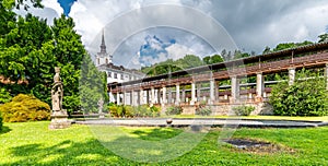 Lysice castle, Czech Republic. Famous baroque castle built in 14th century. Beautiful formal garden, palm trees and flowers.