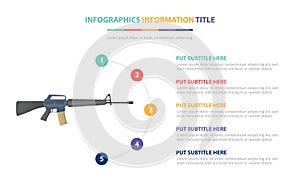 M-16 assault riffle infographic template concept with five points list and various color with clean modern white background -