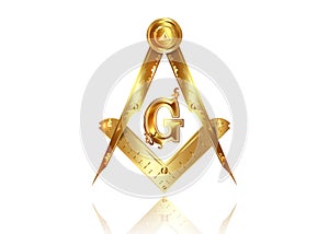 Freemasonry emblem, gold masonic square and compass symbol. All seeing eye of god in sacred geometry triangle, masonry icon photo