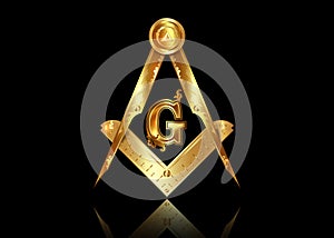 Freemasonry emblem, gold masonic square and compass symbol. All seeing eye of god in sacred geometry triangle, masonry icon photo