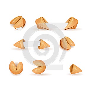 Chinese fortune cookies flat food vector cartoon set isolated white background photo-realistic. Fortune cookies with blank paper t