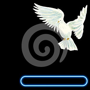 Black background with flying white dove design, blue dialog box frame