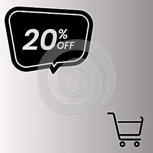 Gradient gray background, shopping cart design and black rectangle with 20% off written on it