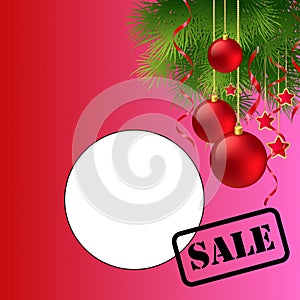 Red gradient background, Christmas ornament design, white circle and SALE written in black