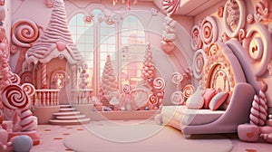 m with a 3D background view of a candy wonderland, featuring gingerbread houses and