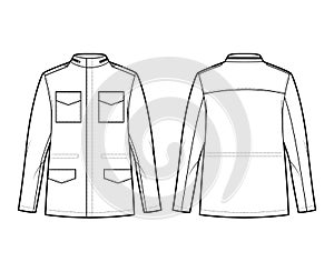 M-65 field jacket technical fashion illustration with oversized, stand collar, hide hood, flap pockets, epaulettes