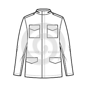 M-65 field jacket technical fashion illustration with oversized, stand collar, hide hood, flap pockets, epaulettes