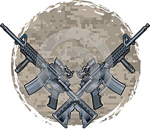 M16 assault rifles in front of camouflage pattern photo