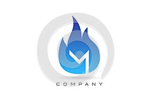 M blue fire flames alphabet letter logo design. Creative icon template for company and business