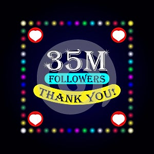 35M followers thank you greeting card with colorful lights on dark background photo