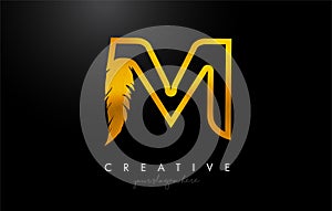 M Golden Gold Feather Letter Logo Icon Design With Feather Feathers Creative Look Vector Illustration