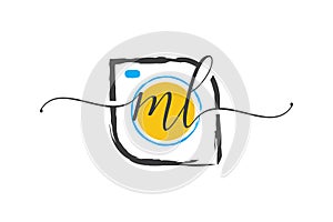 M L Initial handwriting logo design with a brush, Photography logo concept