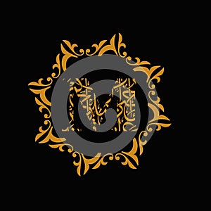 The M letter by arabic islamic font style and golden flower logo design style