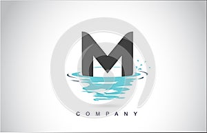 M Letter Logo Design with Water Splash Ripples Drops Reflection