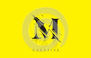 M Letter Logo with Vintage Grundge Drawing Design. Destroyed Cut