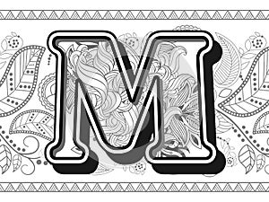 M logo. hand drawn alphabetical doodles in zentangle stylized
