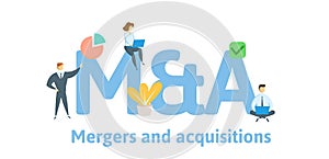 M and A, Mergers and Aquisitions. Concept with keywords, letters and icons. Flat vector illustration. Isolated on white