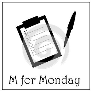 M for Monday business week illustration, notepad icon