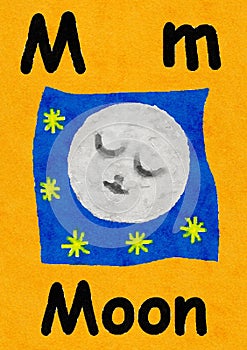 M is for moon. Learn the alphabet and spelling.