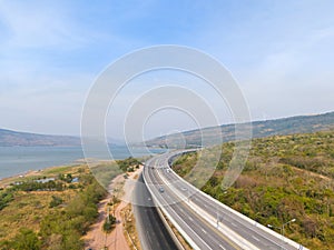 The M6 motorway Expressway Nakhon Ratchasima Province - Bang Pa-in. Lam Ta Khong River and Mountain. Drone shot of scenic photo