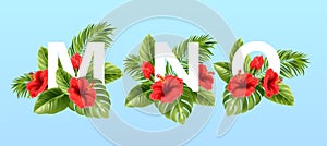 M N O letters surrounded by summer tropical leaves and red hibiscus flowers. Tropical font for summer decoration. Vector photo