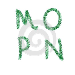 M N O P letters nature font made from pine brance