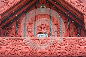 Close up of the traditional Maori house in Hamilton gardens an iconic garden in Hamilton, New Zealand.