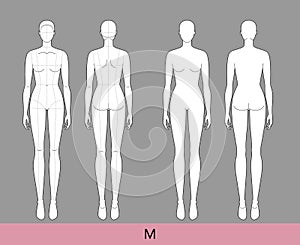 M Size Women Fashion template 9 nine head Croquis Lady with and without main lines model skinny body figure front back photo