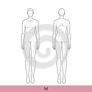 M Size Women Fashion template 9 nine head Croquis Lady model with main lines skinny body figure front back view. Vector photo
