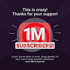 1M subscribers celebration background design. 1 million subscribe