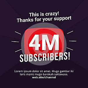 4M subscribers celebration background design. 4 million subscribe
