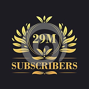 29M Subscribers celebration design. Luxurious 29M Subscribers logo for social media subscribers