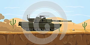M1 abrams tank usa main battle tank on the desert with haze smoke on the road