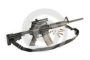 M16 Style Assault Rifle with Bullets on White