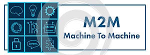 M2M - Machine To Machine Blue Neon AI Symbols Grid Left Box Text
