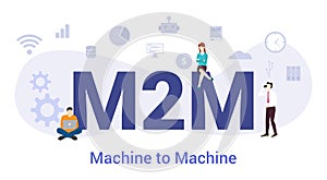 M2m machine to machine concept with big word or text and team people with modern flat style - vector